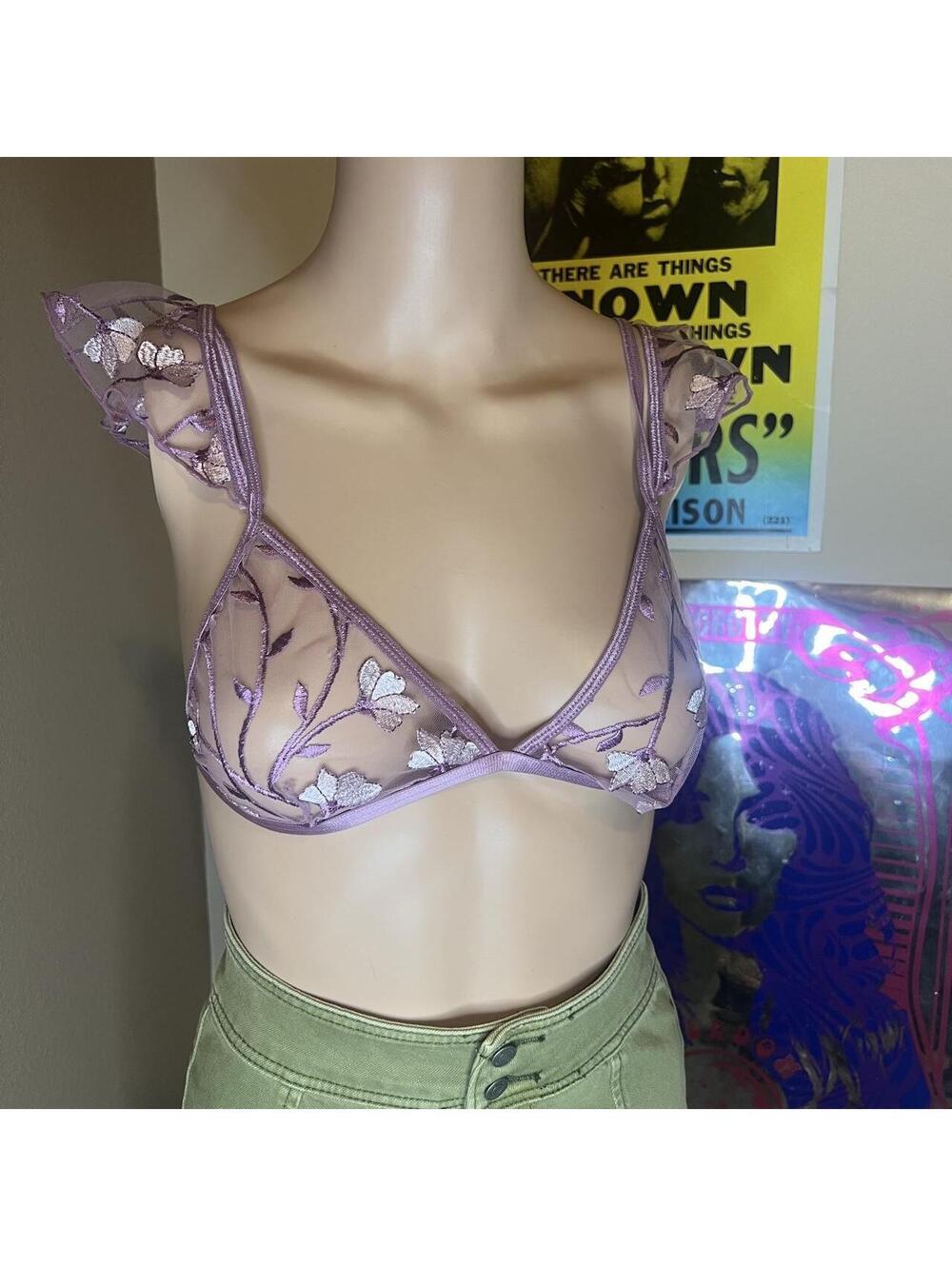 Fantasy Lingerie Fairycore Lavender Sheer Floral Embroidered Bralette Top